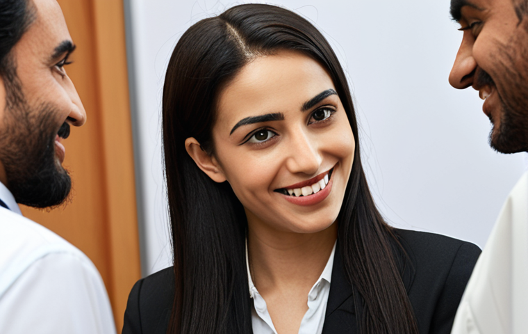 **Image Prompt:** A confident interpreter in a professional setting (e.g., conference, meeting) smoothly translating between two people of different cultures. The interpreter is smiling slightly, conveying both competence and approachability. Focus on capturing the bridge between cultures aspect. Subtle Arabic script in the background.