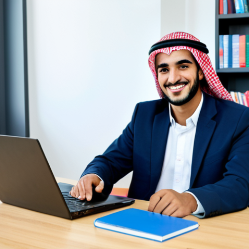 Home 6 Journey to Certification**
"A young, smiling Arab man, fully clothed in professional attire, sitting at a desk with Arabic textbooks and a laptop displaying translation software, surrounded by books about languages and cultures, in a brightly lit study room, safe for work, appropriate content, perfect anatomy, correct proportions, well-formed hands, proper finger count, natural body proportions, professional, modest, family-friendly."
**