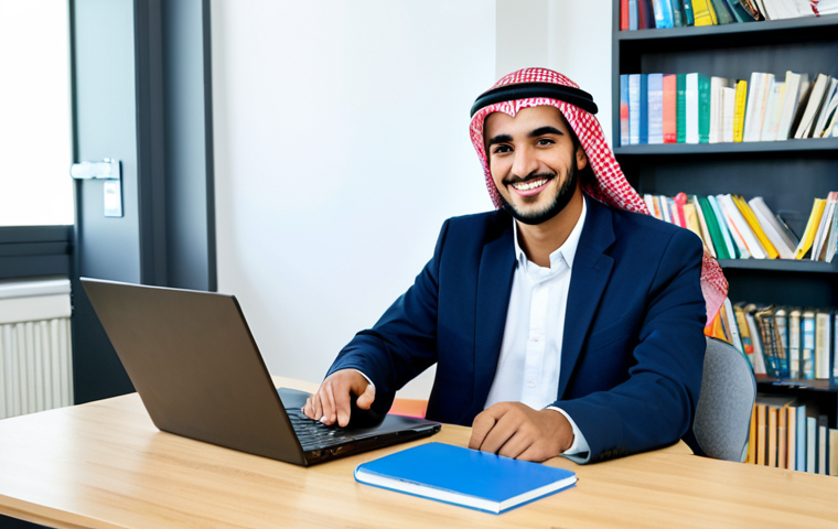 Journey to Certification**
"A young, smiling Arab man, fully clothed in professional attire, sitting at a desk with Arabic textbooks and a laptop displaying translation software, surrounded by books about languages and cultures, in a brightly lit study room, safe for work, appropriate content, perfect anatomy, correct proportions, well-formed hands, proper finger count, natural body proportions, professional, modest, family-friendly."
**