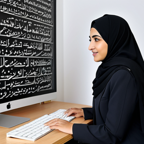 Home 19 Professional Translator at Work**
A professional Arab translator, fully clothed in modest business attire, working at a computer in a modern office. She's using CAT tools and consulting a digital Arabic dictionary. The scene showcases Arabic calligraphy art on the wall. Safe for work, appropriate content, perfect anatomy, natural proportions, professional, family-friendly.
**