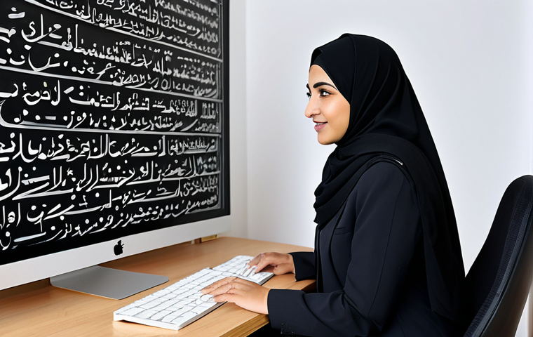 Professional Translator at Work**

A professional Arab translator, fully clothed in modest business attire, working at a computer in a modern office. She's using CAT tools and consulting a digital Arabic dictionary. The scene showcases Arabic calligraphy art on the wall. Safe for work, appropriate content, perfect anatomy, natural proportions, professional, family-friendly.

**