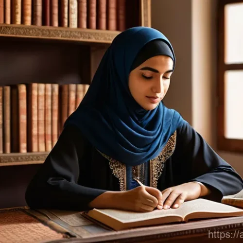 Home 4 통역사 학습을 위한 도서 추천 - A serene and studious scene featuring a young Arab woman, modestly dressed in a long, flowing dress ...