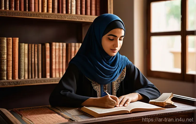 통역사 학습을 위한 도서 추천 - A serene and studious scene featuring a young Arab woman, modestly dressed in a long, flowing dress ...