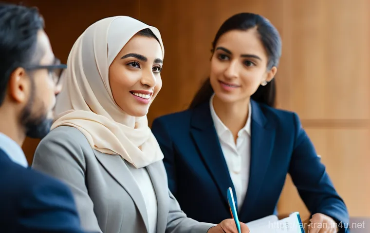 통역사에게 유리한 이중언어 조합 - A professional, well-lit conference room where an Arabic-speaking business executive and an English-...