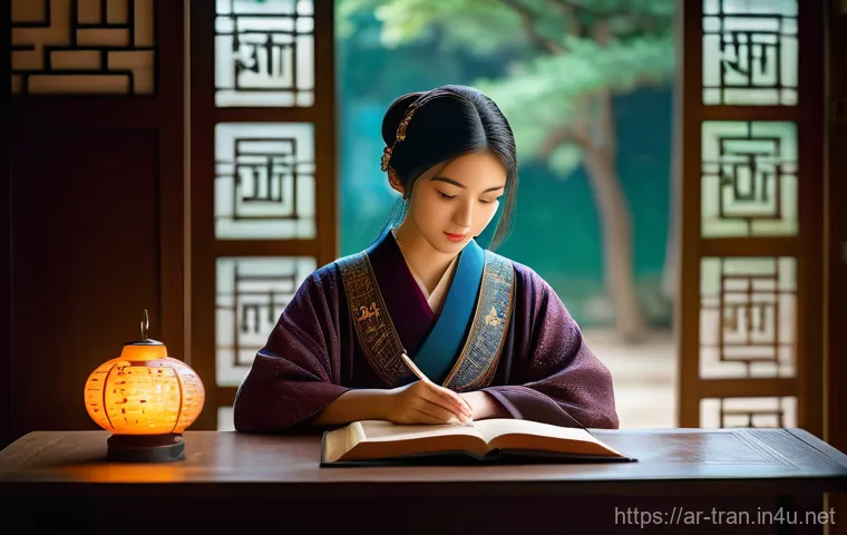 통역사로서 문화적 이해의 중요성 - **Prompt:** A serene and thoughtful translator, an adult woman with a kind expression, sits at a pol...