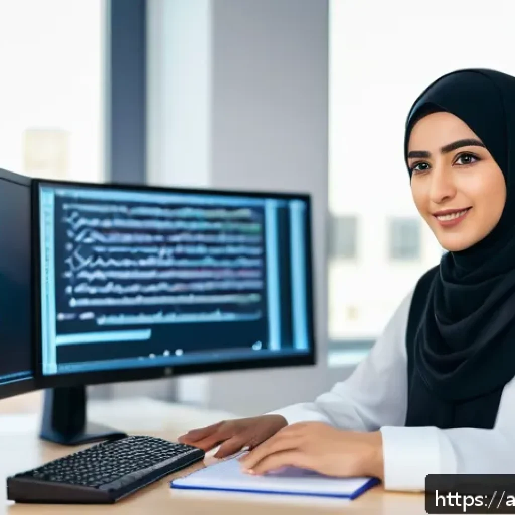 통역사 자격증으로 가능한 직업 - A professional Arabic female translator working in a modern tech office, surrounded by dual monitors...