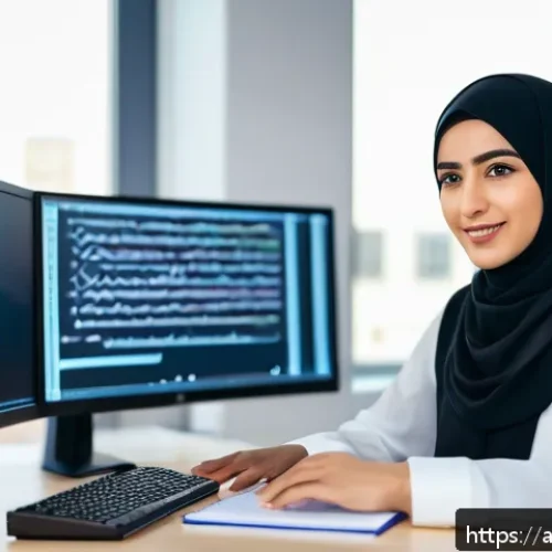 통역사 자격증으로 가능한 직업 - A professional Arabic female translator working in a modern tech office, surrounded by dual monitors...