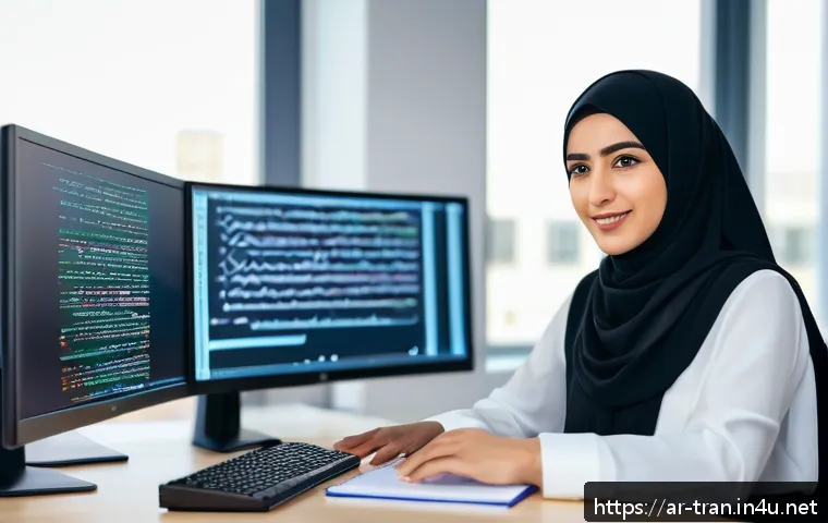통역사 자격증으로 가능한 직업 - A professional Arabic female translator working in a modern tech office, surrounded by dual monitors...