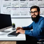 프리랜서 통역사 되는 법 - A professional Arabic freelance translator working at a modern home office desk, surrounded by dual ...