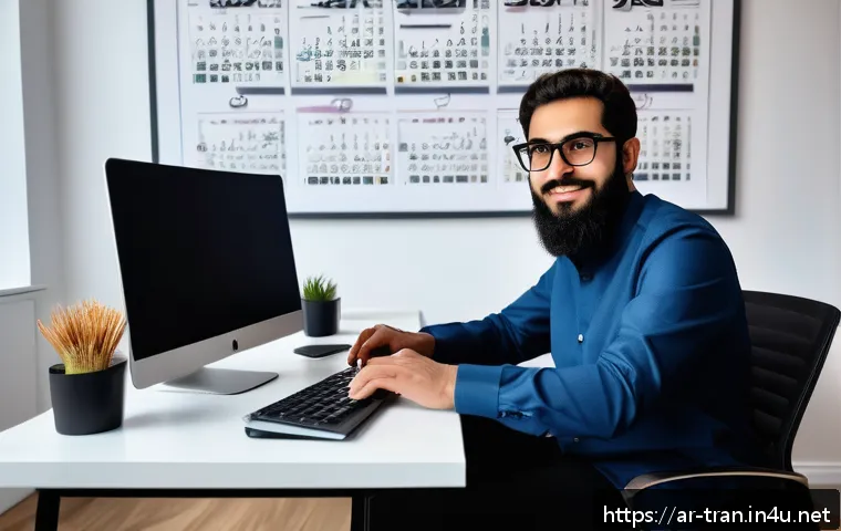 프리랜서 통역사 되는 법 - A professional Arabic freelance translator working at a modern home office desk, surrounded by dual ...