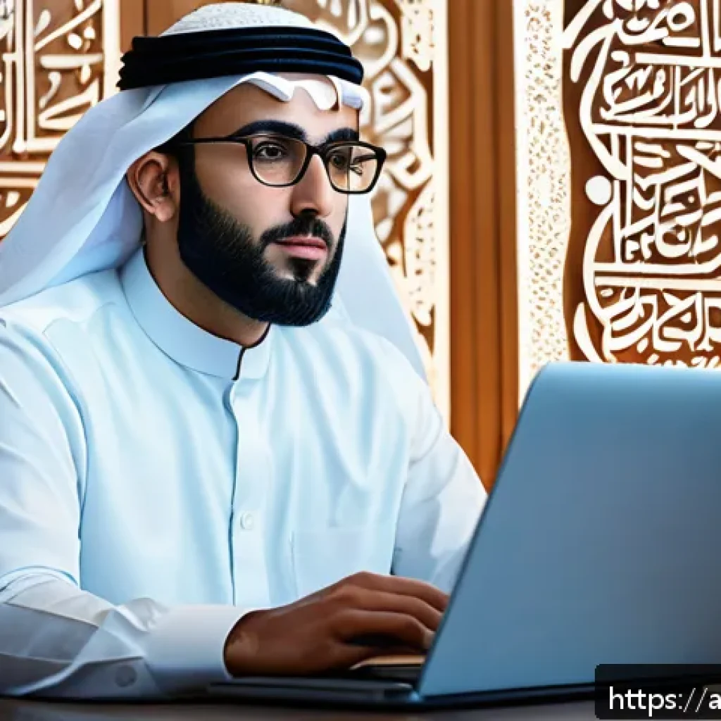 통역사 필기 시험 필수 요약 노트 - A professional Arabic translator sitting at a modern wooden desk in a well-lit office with Arabic ca...