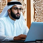 통역사 필기 시험 필수 요약 노트 - A professional Arabic translator sitting at a modern wooden desk in a well-lit office with Arabic ca...
