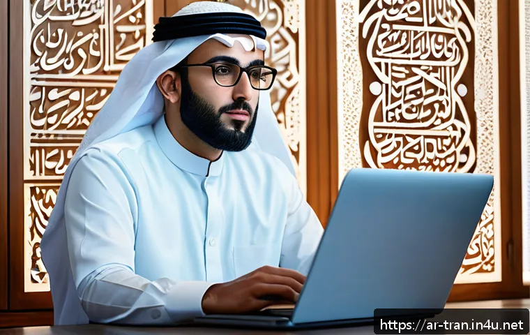 통역사 필기 시험 필수 요약 노트 - A professional Arabic translator sitting at a modern wooden desk in a well-lit office with Arabic ca...